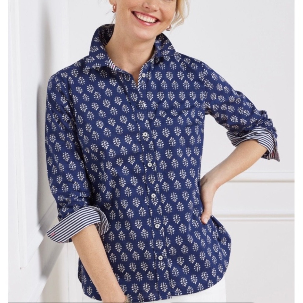 Talbots Plus Navy Blue Block Print Leaf Button Down Shirt 3X Long Sleeve Cotton